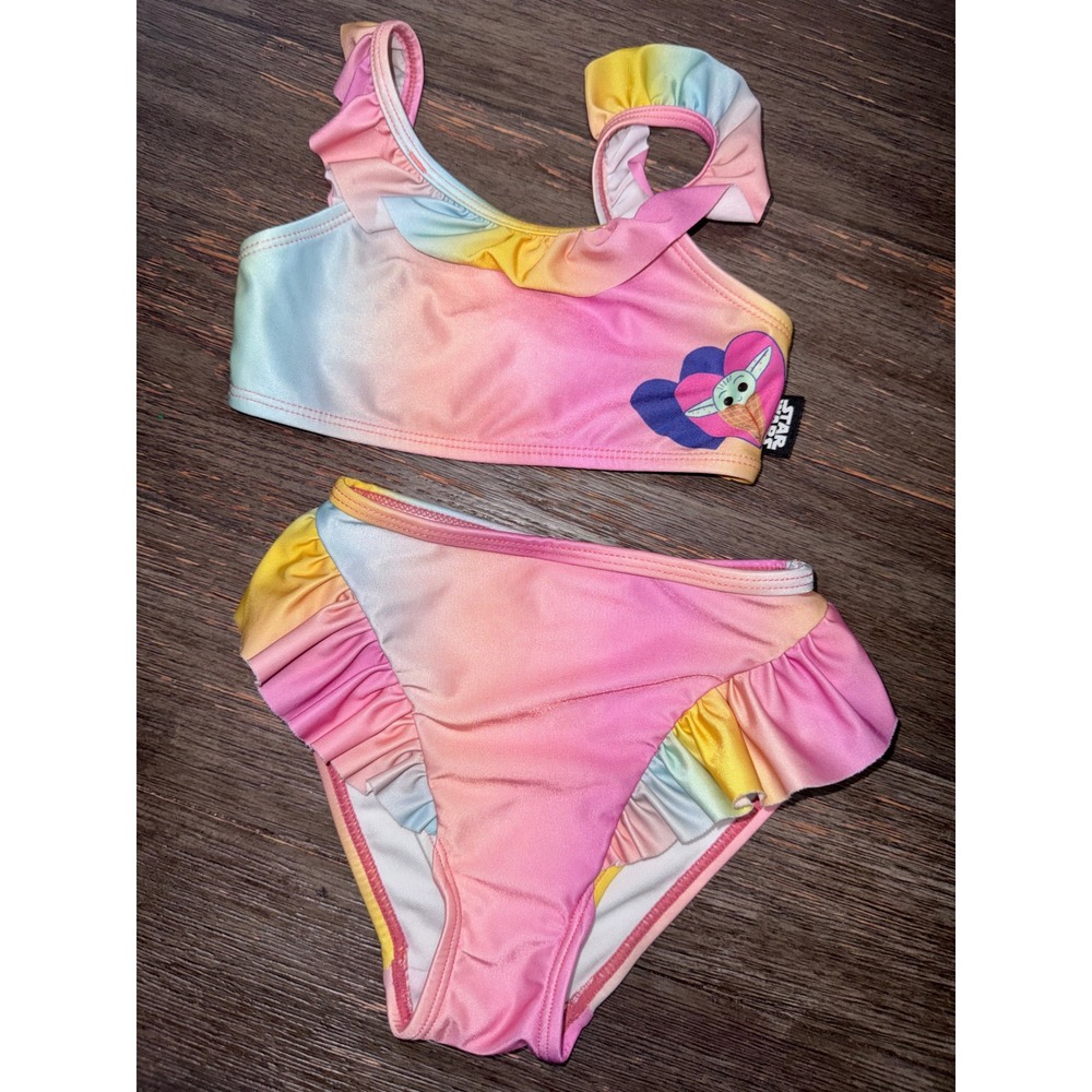 Disney Star Wars Grogu Baby Yoda Girls Rainbow Ombre Ruffle Swimsuit Size 4